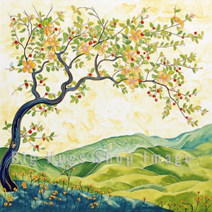 May include: A painting of a stylized tree with yellow flowers and red berries, set against a background of rolling green hills.