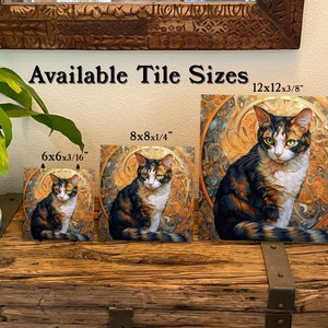 Calico Cat, Art Nouveau Style on a 6x6, 8x8 actual 7.8 or 12x12 actual 11.8 inch Ceramic Tile.n the USA. image 2
