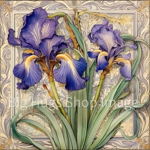 Roaring 20's Art Deco / Art Nouveau Graceful Iris Flower design on a 6x6, 8x8 (actual 7.8) or 12x12 (actual 11.8) inch Ceramic Tile.