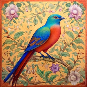 Colorful Songbird in Persian Style Art on a 6x6, 8x8 (actual 7.8) or 12x12 (actual 11.8) inch Ceramic Tile. Free Shipping in the USA.