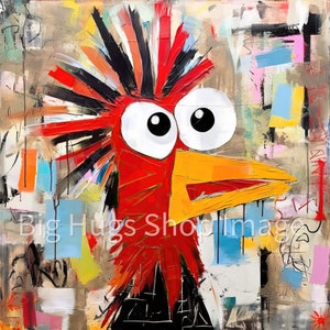 May include: Abstract painting of a red bird with a yellow beak and large white eyes. The bird is set against a colorful background with geometric shapes and brushstrokes.