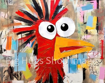 Wild Eyed Rooster. Colorful Abstract Art on a 6x6, 8x8 (actual 7.8) or 12x12 (actual 11.8) inch Ceramic Tile. Free Shipping in the USA.