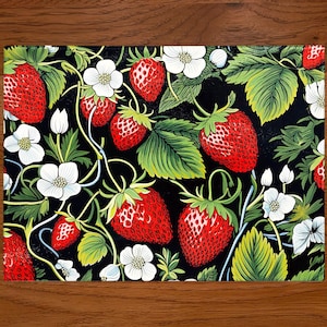 May include: A rectangular decorative piece featuring a vibrant strawberry pattern. The design showcases ripe red strawberries, white blossoms, and green leaves against a black background. The artwork is detailed and botanical in style.