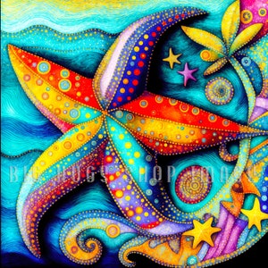 May include: A colorful, abstract starfish with yellow, red, blue, and green accents. The starfish is surrounded by a blue and yellow wavy background with stars and swirls.