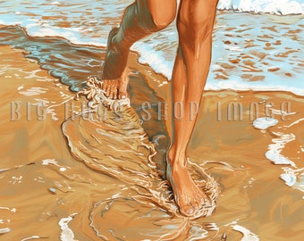 Surf and Sand Jogging Art. On a 6x6, 8x8 (actual 7.8) or 12x12 (actual 11.8) inch Ceramic Tile. Free Shipping in the USA.