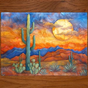 Desert Cactus Scene Art on Glass Cutting Board