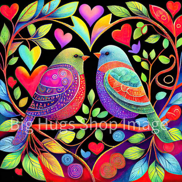 Lovebirds Perched on Heart Shaped Branch on a 6x6, 8x8 (actual 7.8) or 12x12 (actual 11.8) inch Ceramic Tile. Free Shipping in the USA.