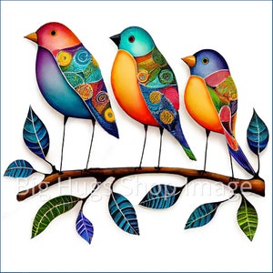 Handmade colorful Birds on a Branch on a 6x6, 8x8 (actual 7.8) or 12x12 (actual 11.8) inch Ceramic Tile. Free Shipping in the USA.