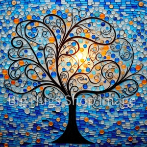 May include: A mosaic art piece depicting a stylized tree with a swirling, intricate design. The tree is made of small, colorful glass tiles in shades of blue, orange, and white. The background is a solid blue.