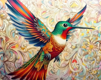 Hummingbird in vivid colors on a 6x6, 8x8 (actual 7.8) or 12x12 (actual 11.8) inch Ceramic Tile. Free Shipping in the USA.