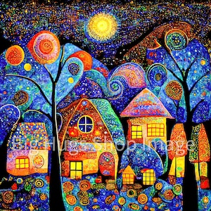 Whimsical Village on a Starry Night designed on a 6x6, 8x8 (actual 7.8) or 12x12 (actual 11.8) inch Ceramic Tile. Free Shipping in the USA.