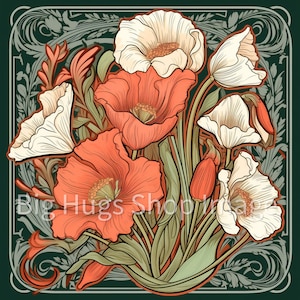 Art Nouveau Tile Art. Backsplash Series #8 on a 6x6, 8x8 (actual 7.8) or 12x12 (actual 11.8) inch Ceramic Tile.