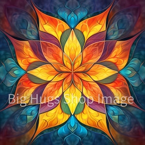 May include: A colorful abstract floral design with a symmetrical pattern of yellow, orange, red, purple, blue, and green. The design is reminiscent of a stained glass window.