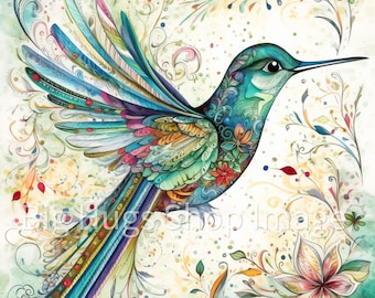 May include: A colorful hummingbird with intricate details, painted in watercolor on a white background with floral accents.