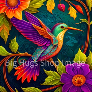 Colorful Hummingbird and Flowers on a 6x6, 8x8 (actual 7.8) or 12x12 (actual 11.8) inch Ceramic Tile. Free Shipping in the USA.