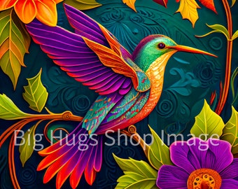 Colorful Hummingbird and Flowers on a 6x6, 8x8 (actual 7.8) or 12x12 (actual 11.8) inch Ceramic Tile. Free Shipping in the USA.