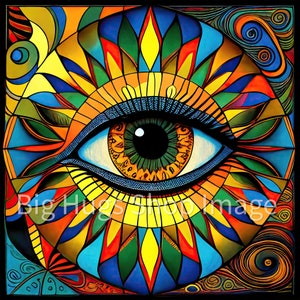May include: A colorful abstract painting of a large eye with a green iris and brown pupil. The eye is surrounded by a vibrant mandala-like design with yellow, orange, red, blue, and green colors.