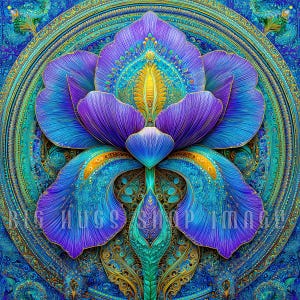 May include: A digitally created image of a stylized flower in shades of blue, purple, teal, and gold. The flower has intricate details and a symmetrical design, with a circular background. The image has a detailed, ornate appearance.