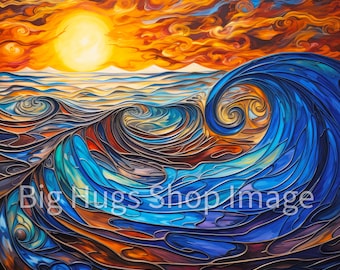 Abstract Ocean Sunset Ceramic Tile Art: Coastal Decor