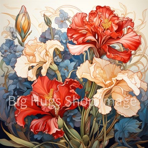 May include: A painting of a bouquet of red, white, and blue irises. The flowers are arranged in a vase and are surrounded by green leaves. The background is a light beige color.