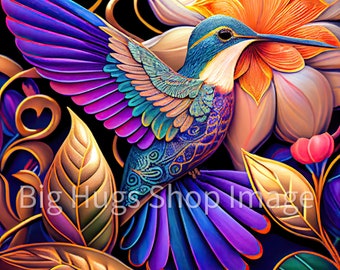 Colorful Hummingbird design on a 6x6, 8x8 (actual 7.8) or 12x12 (actual 11.8) inch Ceramic Tile. Free Shipping in the USA.