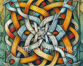 May include: A colorful Celtic knot design with intricate interwoven patterns in shades of blue, yellow, orange, and red. The knot is set against a green background with a textured stone-like appearance.