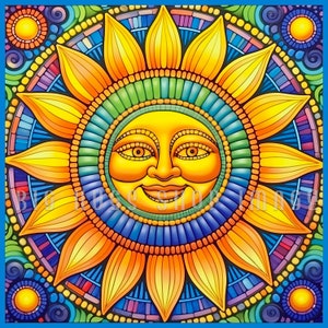 May include: A colorful mosaic-style illustration of a smiling sun with a yellow face and blue, green, and orange rays. The sun is surrounded by a circular pattern of blue, green, and orange.