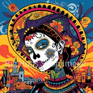 May include: A colorful illustration of a woman with a sugar skull makeup design, wearing a purple and floral headdress. The background features a yellow and orange sunset with a cityscape in the distance.