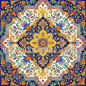 May include: A square, ornate tile with a symmetrical floral design. The tile features a white background with a vibrant pattern of blue, yellow, orange, green, and purple. The design includes stylized flowers, leaves, and scrollwork, creating a rich, decorative aesthetic.