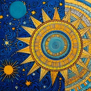 May include: A colorful mandala-style illustration with a blue background and a large yellow sun in the center. The sun has a circular design with concentric circles and a blue center. The background is filled with swirling patterns and stars.