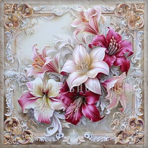 May include: A decorative floral design with pink, white, and red lilies in a detailed ornate frame. The lilies are arranged in a bouquet with intricate details and a vintage aesthetic.