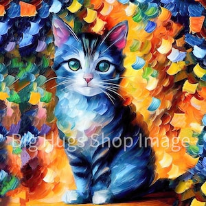 May include: A blue and white tabby kitten with green eyes sits in front of a colorful abstract background. The background is made up of brushstrokes of yellow, orange, red, blue, green, and purple.