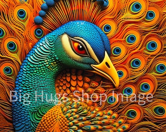 Ornate Colorful Peacock design on a 6x6, 8x8 (actual 7.8) or 12x12 (actual 11.8) inch Ceramic Tile. Free Shipping in the USA.