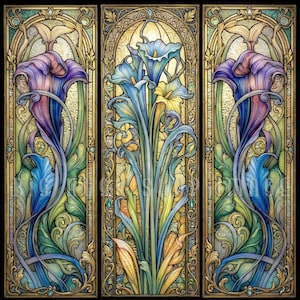 May include: A triptych stained glass panel featuring stylized calla lilies in shades of blue, purple, and yellow. The floral design is set against a gold and cream background with ornate, Art Nouveau-inspired borders. The artwork is framed in black.