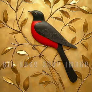 May include: A black and red bird with a long tail perched on a gold leaf branch. The bird has a red breast and a black head and wings.