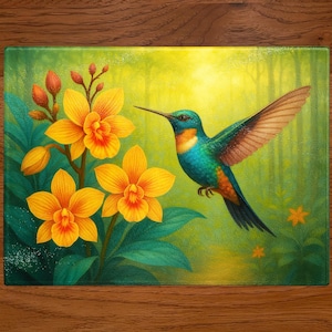 Hummingbird Among the Flowers on a Glass Cutting Board