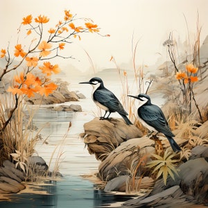 Birds Perched on the Rocks amidst the Reeds on a 6x6, 8x8 (actual 7.8) or 12x12 (actual 11.8) inch Decorative Ceramic Tile.