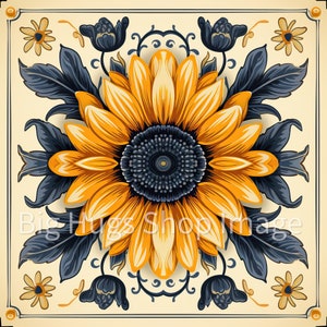 Abstract Sunflower Ceramic Tile: Yellows and Blue, Wall Decor