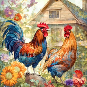 May include: Two colorful roosters stand on a rock in a garden setting. The rooster on the left has blue, purple, and orange feathers, while the rooster on the right has brown, orange, and blue feathers. Both roosters have red combs and wattles.