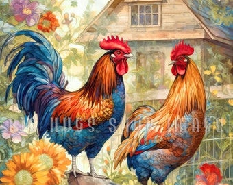 Colorful Chickens on the Farm Art on a 6x6, 8x8 (actual 7.8) or 12x12 (actual 11.8) inch Ceramic Tile. Free Shipping in the USA.