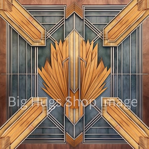 May include: A symmetrical geometric design with a central fan-shaped motif in shades of brown and gold. The design is framed by a border of silver and wood.