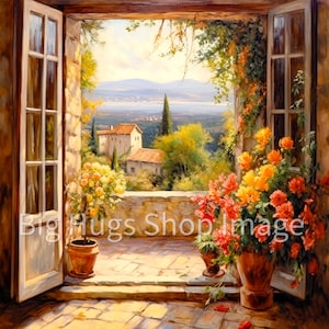Tuscan Villa Window View Art Tile: Italy Landscape Ceramic Tile