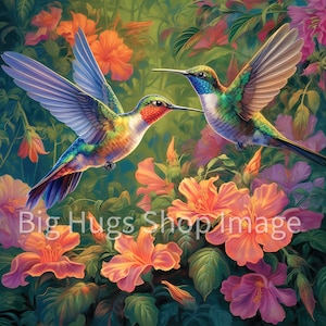 May include: Two colorful hummingbirds with iridescent green and blue feathers are perched on a branch of pink and orange hibiscus flowers. The background is a lush green garden.