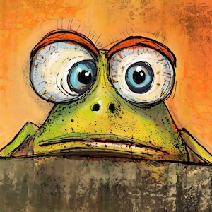 May include: A cartoon frog with large, wide-set eyes and a green, textured skin. The frog is looking directly at the viewer with a surprised expression.