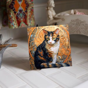 Calico Cat, Art Nouveau Style on a 6x6, 8x8 actual 7.8 or 12x12 actual 11.8 inch Ceramic Tile.n the USA. image 3