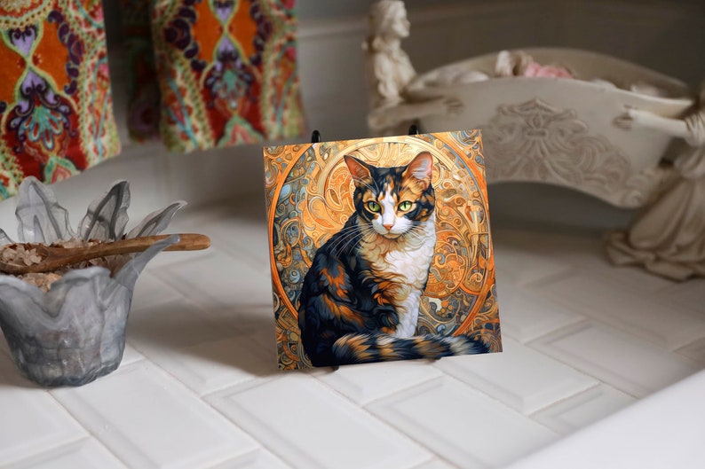 Calico Cat, Art Nouveau Style on a 6x6, 8x8 actual 7.8 or 12x12 actual 11.8 inch Ceramic Tile.n the USA. image 3