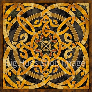 May include: A square, intricate design with a Celtic knot pattern in gold and brown tones on a black background. The design is made up of interlacing lines and circles, creating a complex and visually appealing pattern.