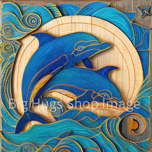May include: A wooden wall art piece featuring two blue dolphins jumping out of the water. The dolphins are carved in a stylized way and are surrounded by waves and swirls. The background is a light wood color.