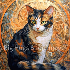 Calico Cat, Art Nouveau Style on a 6x6, 8x8 actual 7.8 or 12x12 actual 11.8 inch Ceramic Tile.n the USA. image 1