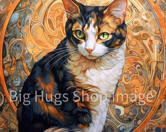 Calico Cat, Art Nouveau Style on a 6x6, 8x8 (actual 7.8) or 12x12 (actual 11.8) inch Ceramic Tile.n the USA.